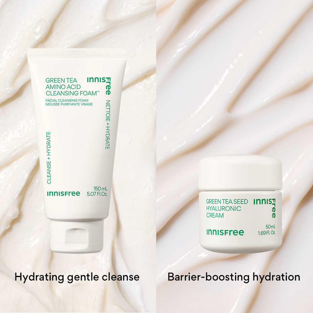 hydrating gentle cleanse with Green Tea Cleansing Foam and barrier-boosting hydration with Green Tea Hyaluronic Cream