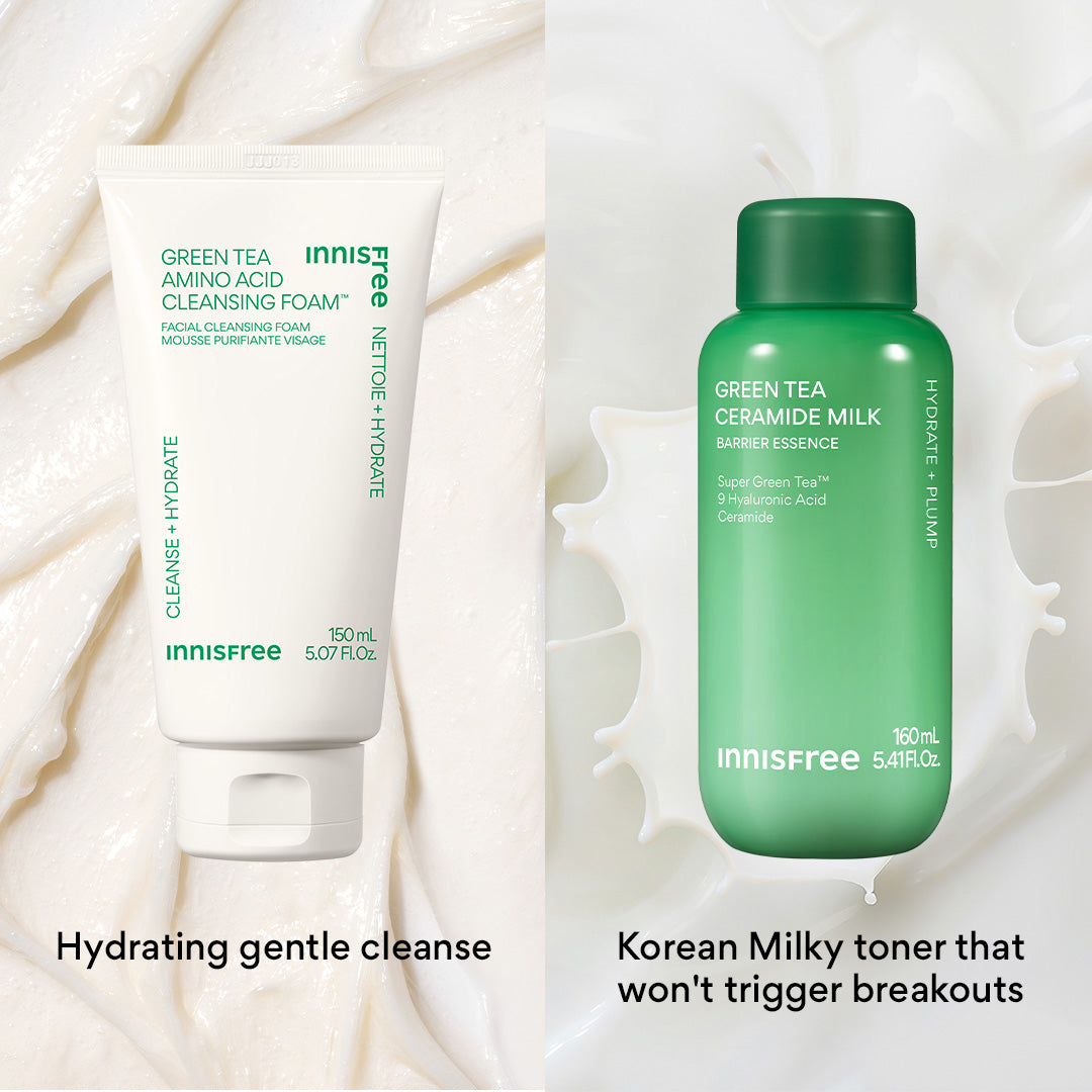 hydrating gentle cleanse with Green Tea Cleansing Foam and Korean Milky toner that won't trigger breakouts with Green Tea Ceramide Milk