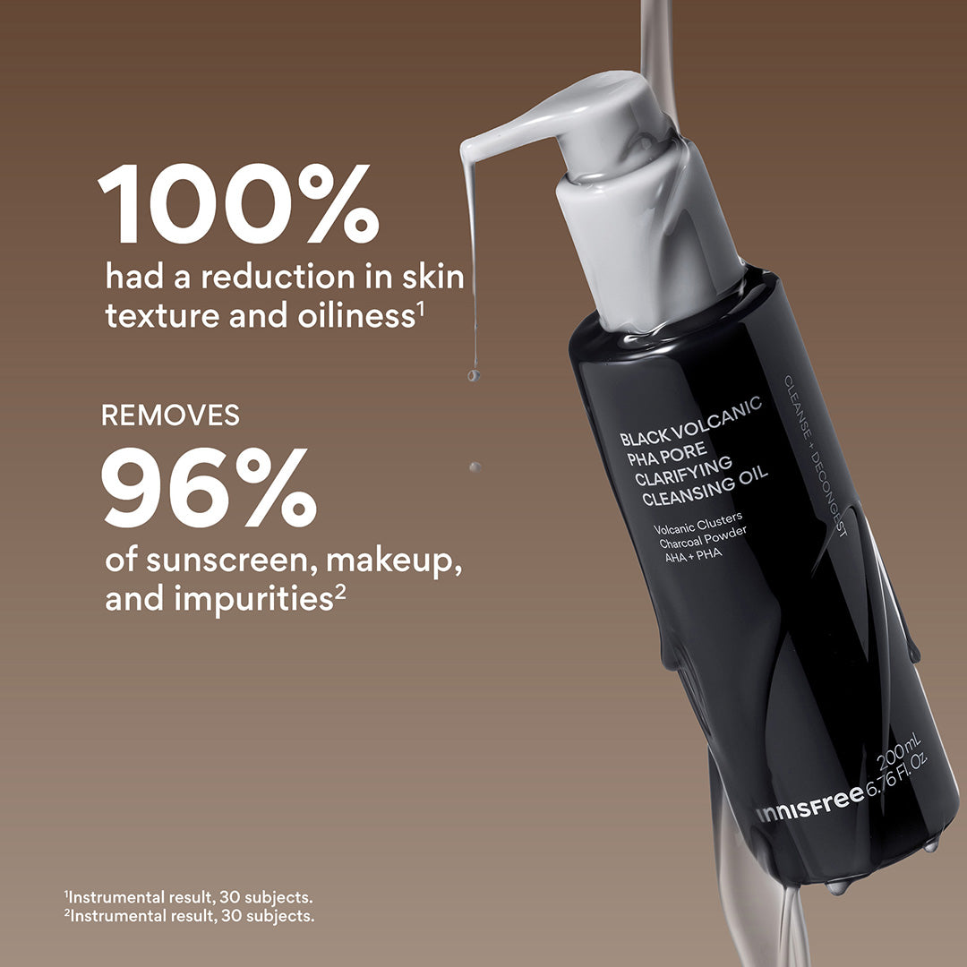 Innisfree Black Volcanic PHA Pore Clarifying Cleansing Oil in a black pump bottle with a gray pump, shown on a brown background with promotional text about skin texture and sunscreen removal.