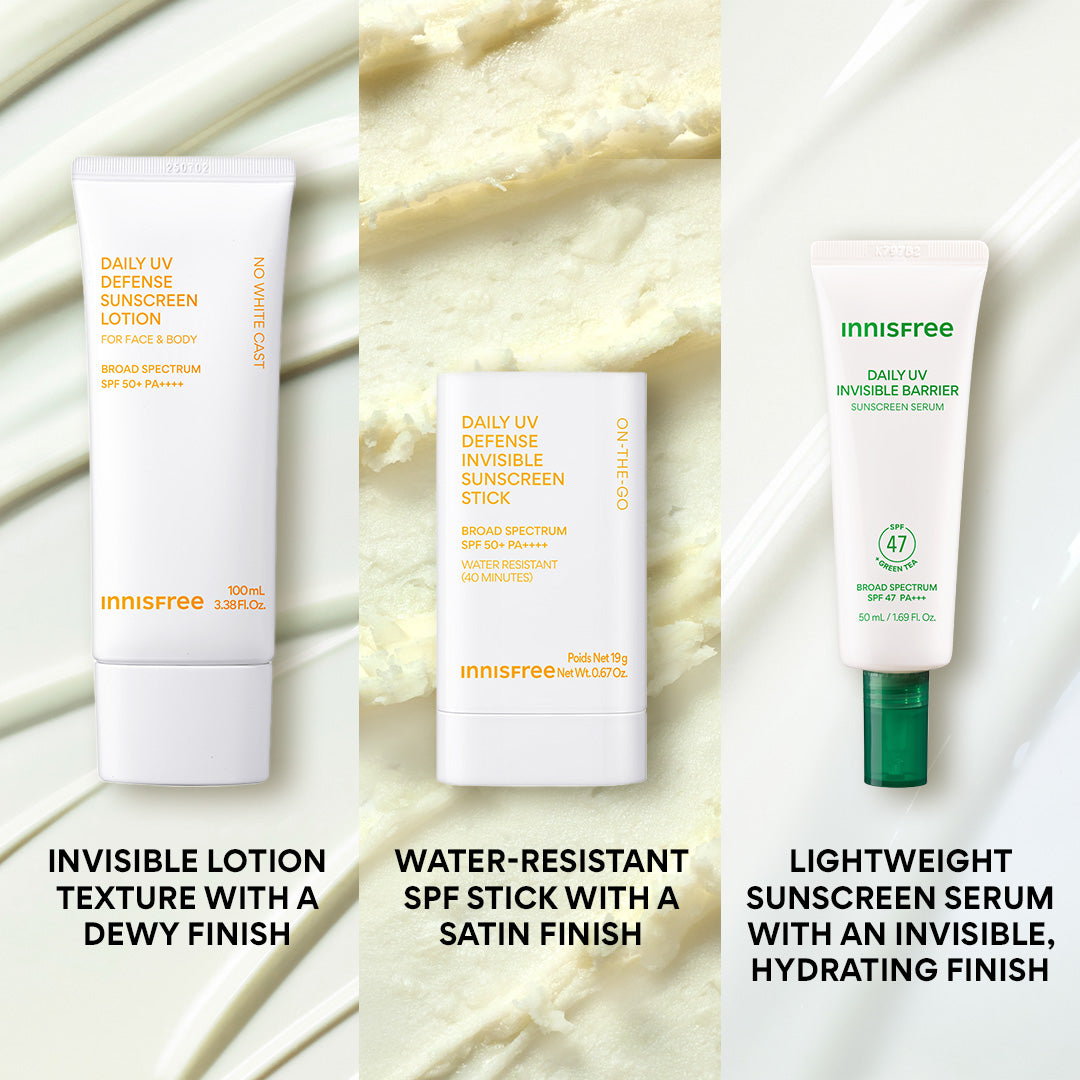 Daily UV Sunscreen SPF 50+ 100mL, Daily UV Sunscreen Stick SPF 50+, Green Tea Sunscreen Serum on textured background