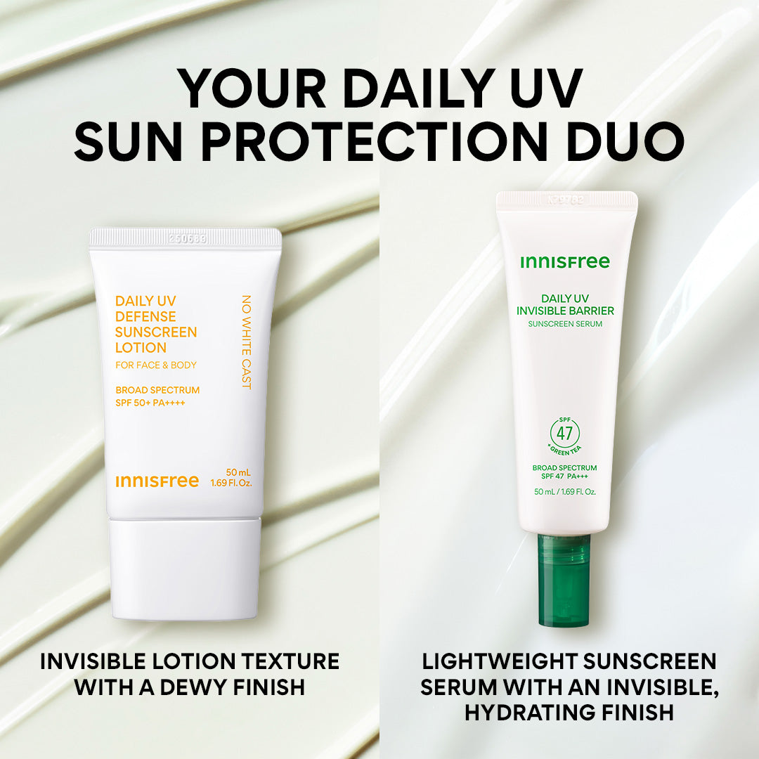 Your Daily UV Sun Protection Duo: invisible lotion texture with a dewy finish with Daily UVV Defense Sunscreen and lightweight sunscreen serum with an invisible hydrating finish with Green Tea Sunscreen Serum