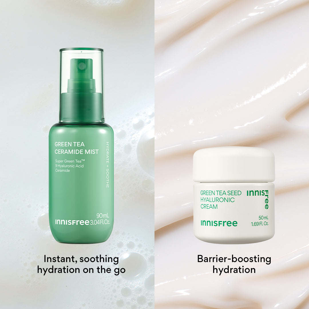 Two Innisfree skincare products on a clean white background: Green Tea Ceramide Mist on the left, and Green Tea Seed Hyaluronic Cream on the right, with descriptive text below each product.