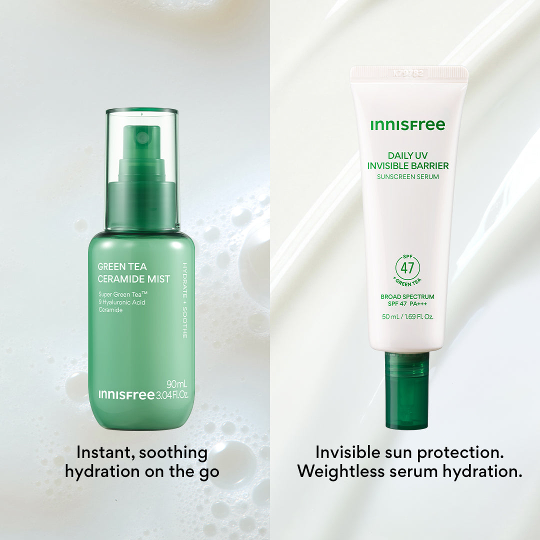 Two Innisfree skincare products on a clean white background with text overlays: Innisfree Green Tea Ceramide Mist and Innisfree Daily UV Invisible Barrier Green Tea Sunscreen Serum SPF 47 