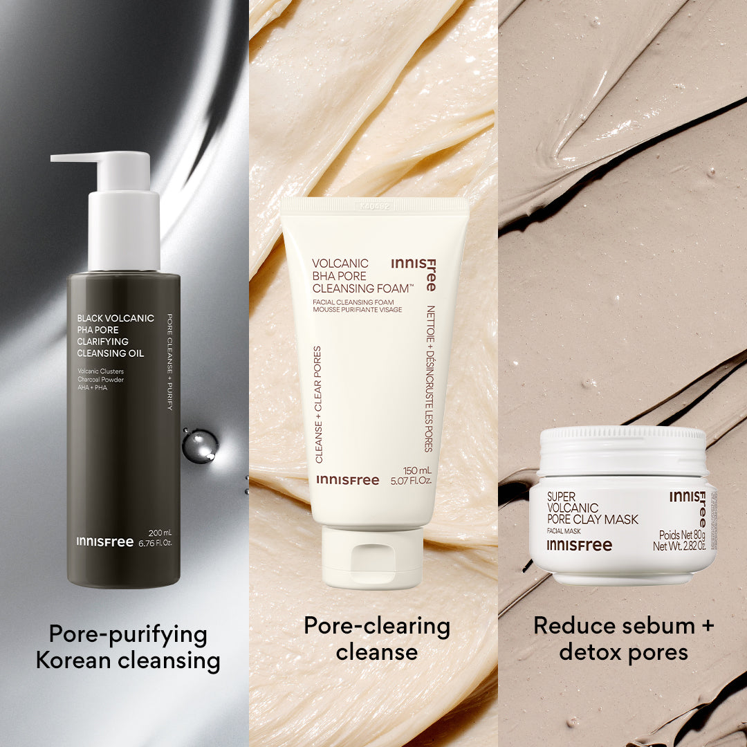 Black Volcanic PHA Pore Cleansing Oil, Volcanic BHA Pore Cleansing Foam, and Super Volcanic Pore Clay Mask jar side by side on a split dark/light background