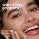 Enlarge image of Close-up of a smiling woman touching her face with both hands, with overlaid text reading &amp;#39;WHO IS THIS GOOD FOR?&amp;#39; and &amp;#39;All Skin Types&amp;#39; and &amp;#39;Dryness&amp;#39;.