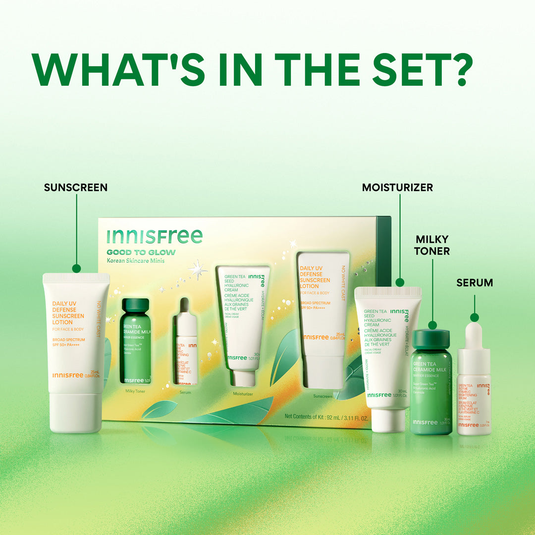 Good To Glow Set: what's in the set - sunscreen, moisturizer, milky toner, serum