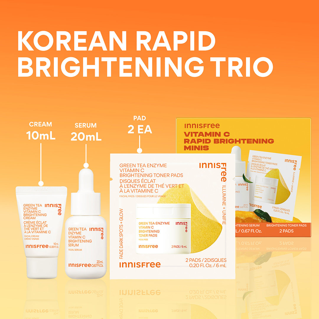 Vitamin C Rapid Brightening Minis Set on a bright orange gradient background. The set includes a Vitamin C Brightening Toner Pad (2EA), a Vitamin C Brightening Serum 20mL, and a Vitamin C Brightening Cream 10mL