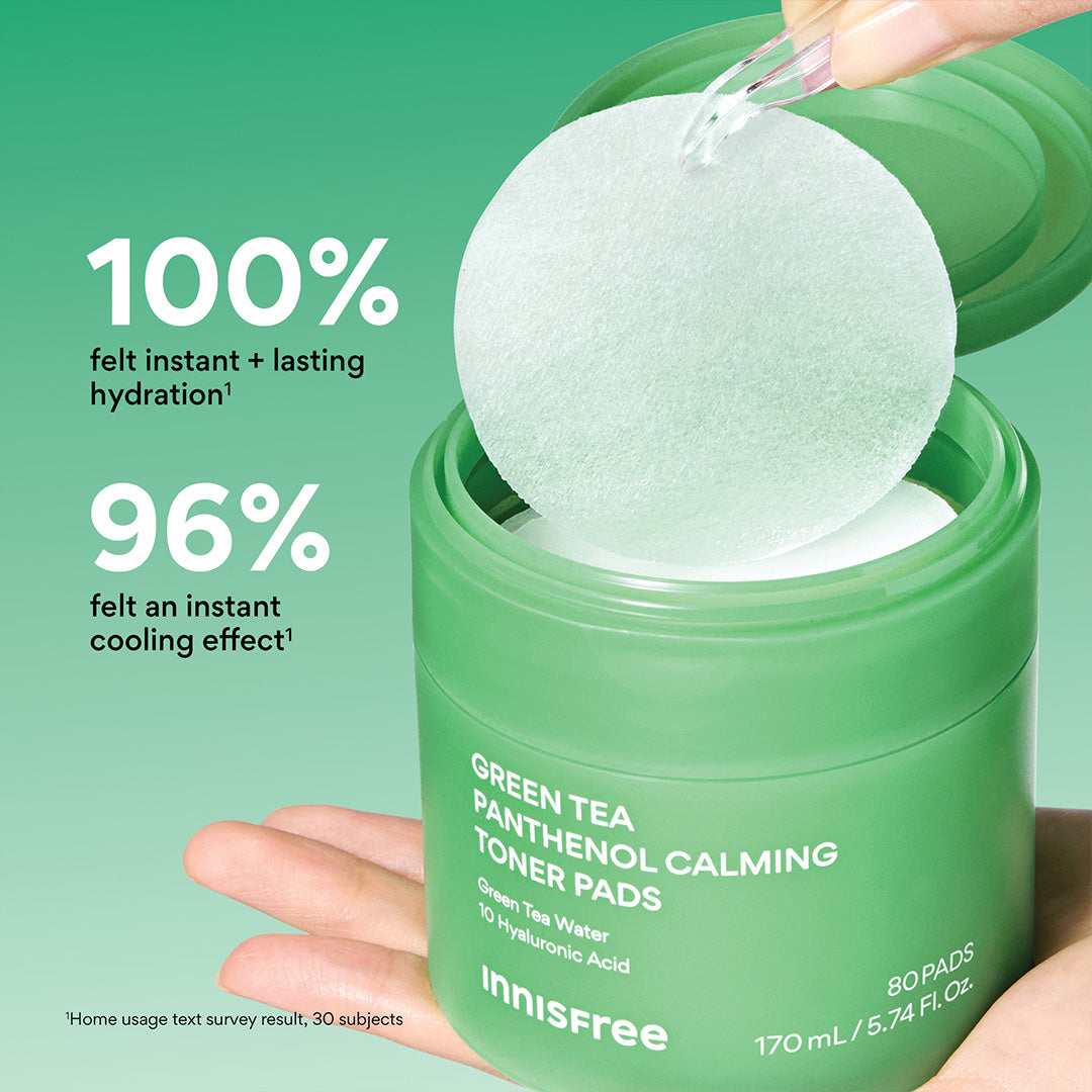 Green Tea Panthenol Calming Toner Pads claims with a hand holding the toner pads