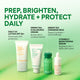 Enlarge image of prep, brighten, hydrate + protect daily with Green Tea Ceramide Milk, Vitamin C Serum, Green Tea Cream, and Daily UV Sunscreen SPF 50+