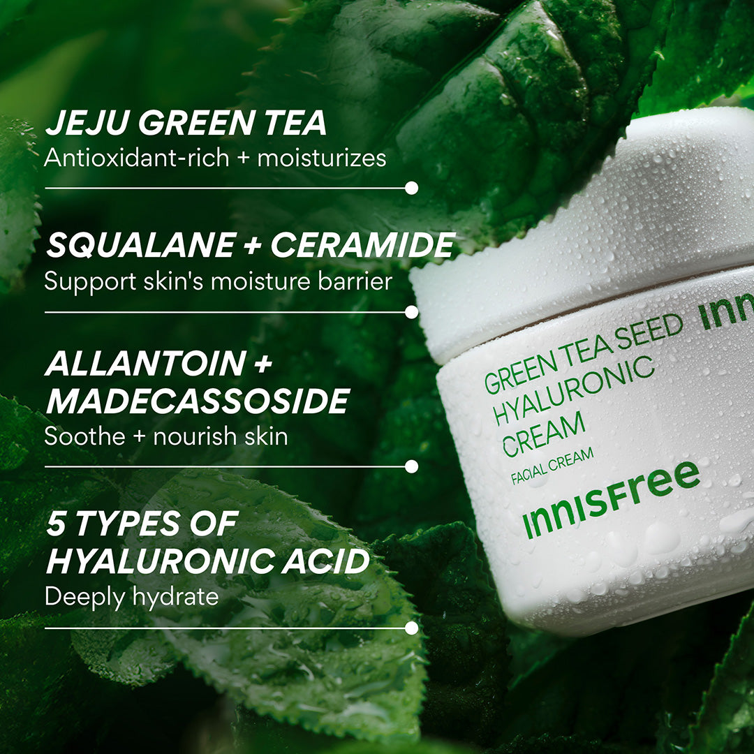 Innisfree Green Tea Seed Hyaluronic Cream jar shown on a background of green leaves with text highlighting key ingredients.