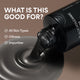 Enlarge image of Volcanic Oil Cleanser tilted over a glossy pool of dark gel, with text on a warm taupe background. Visible text includes &amp;#39;WHAT IS THIS GOOD FOR?&amp;#39; and bullet points for &amp;#39;All Skin Types&amp;#39;, &amp;#39;Oiliness&amp;#39;, and &amp;#39;Impurities&amp;#39;.