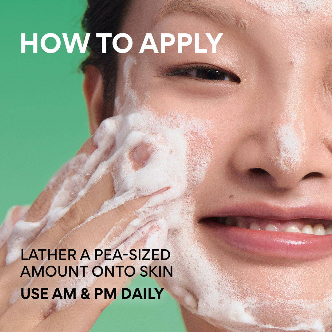 Close-up of a person applying foaming facial cleanser to their face, with large text reading 'HOW TO APPLY' and additional instructions on a bright green background.