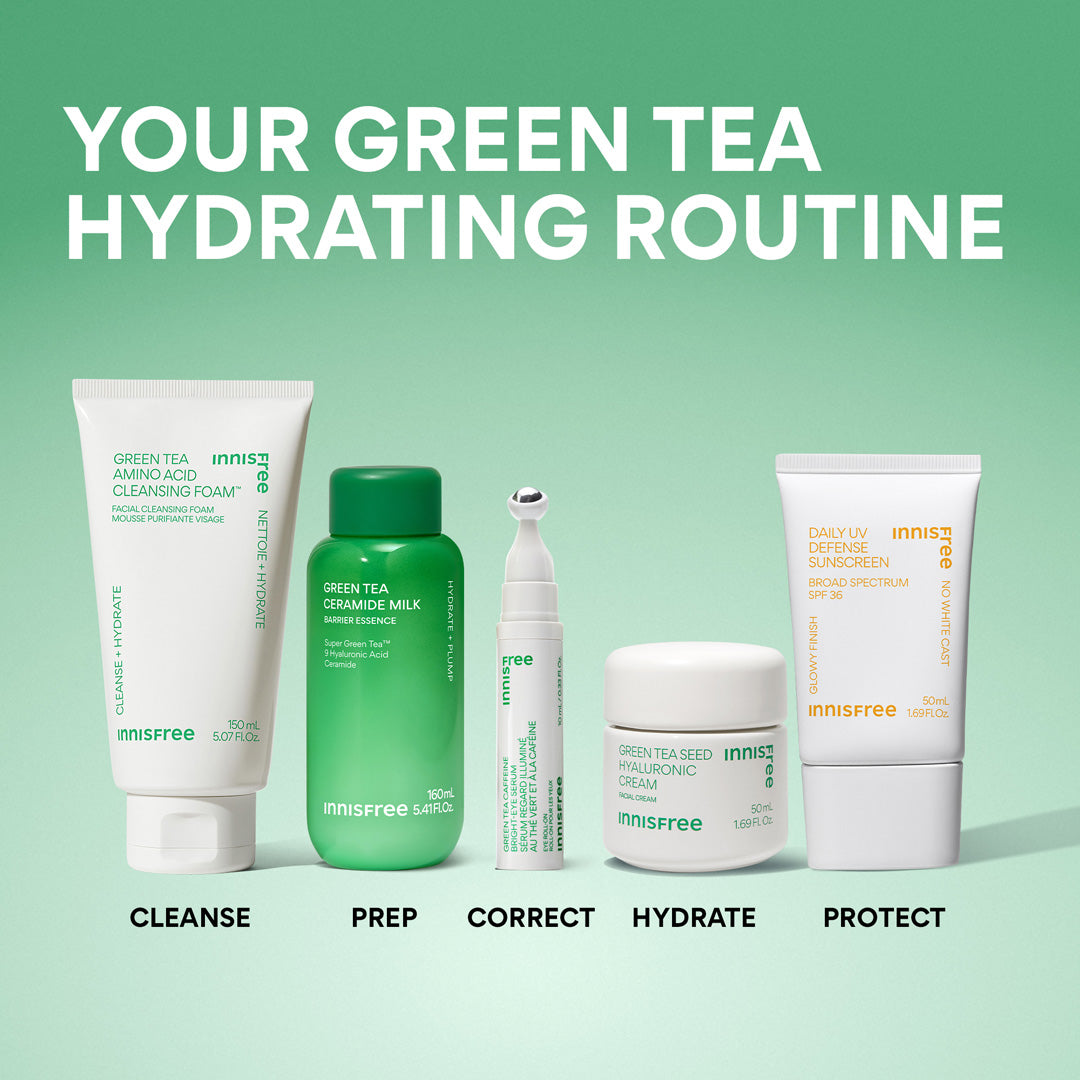 your green tea hydrating routine featuring Green Tea Ceramide Milk, Green Tea Eye Serum, and Green Tea Cleansing Foam