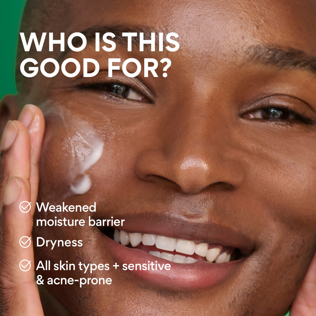 Close-up of a smiling person applying or spreading Green Tea Hyaluronic Cream on their cheek, with text reading 'WHO IS THIS GOOD FOR?' and bullet points about weakened moisture barrier, dryness, and suitability for all skin types plus sensitive and acne-prone skin.