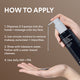 Enlarge image of Instructional graphic showing a hand holding a black bottle of Volcanic Cleansing Oil and dispensing a drop onto another hand, with text instructions on how to apply the product against a warm brown background.