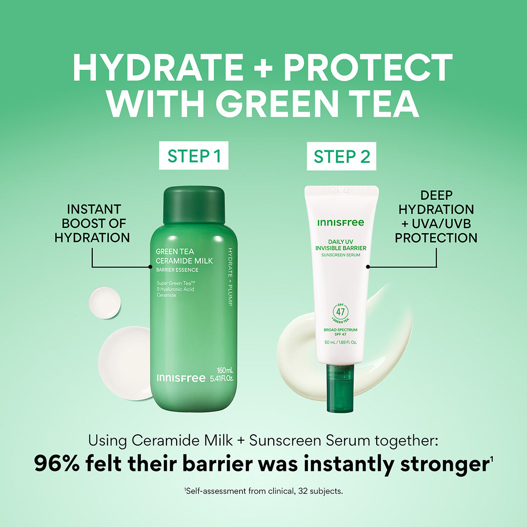 Hydrate + protect with green tea: step 1 Green Tea Ceramide Milk, Step 2 Green Tea Sunscreen Serum