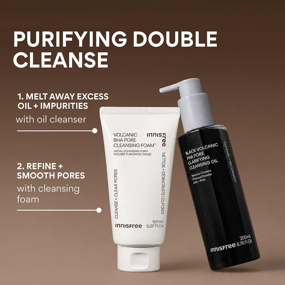 innisfree Purifying Double Cleanse set featuring Volcanic BHA Pore Cleansing Foam and a Volcanic PHA Pore Cleansing Oil on a brown gradient background with white text.