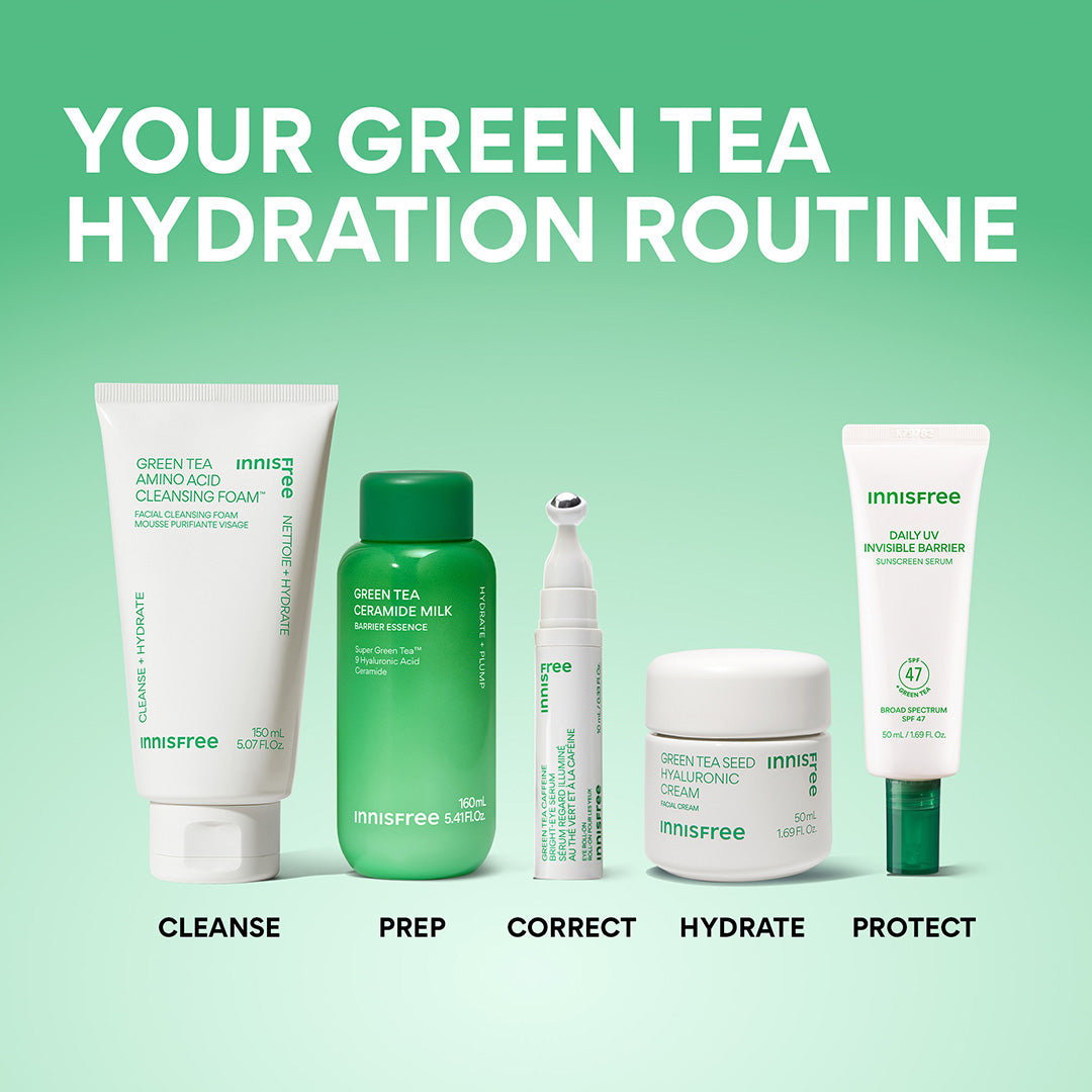 your green tea hydration routine: cleanse with Green Tea Cleansing Foam, prep with Green Tea Ceramide Milk, Correct with Green Tea Eye Serum, Hydrate with Green Tea Cream, and Protect with Green Tea Sunscreen Serum