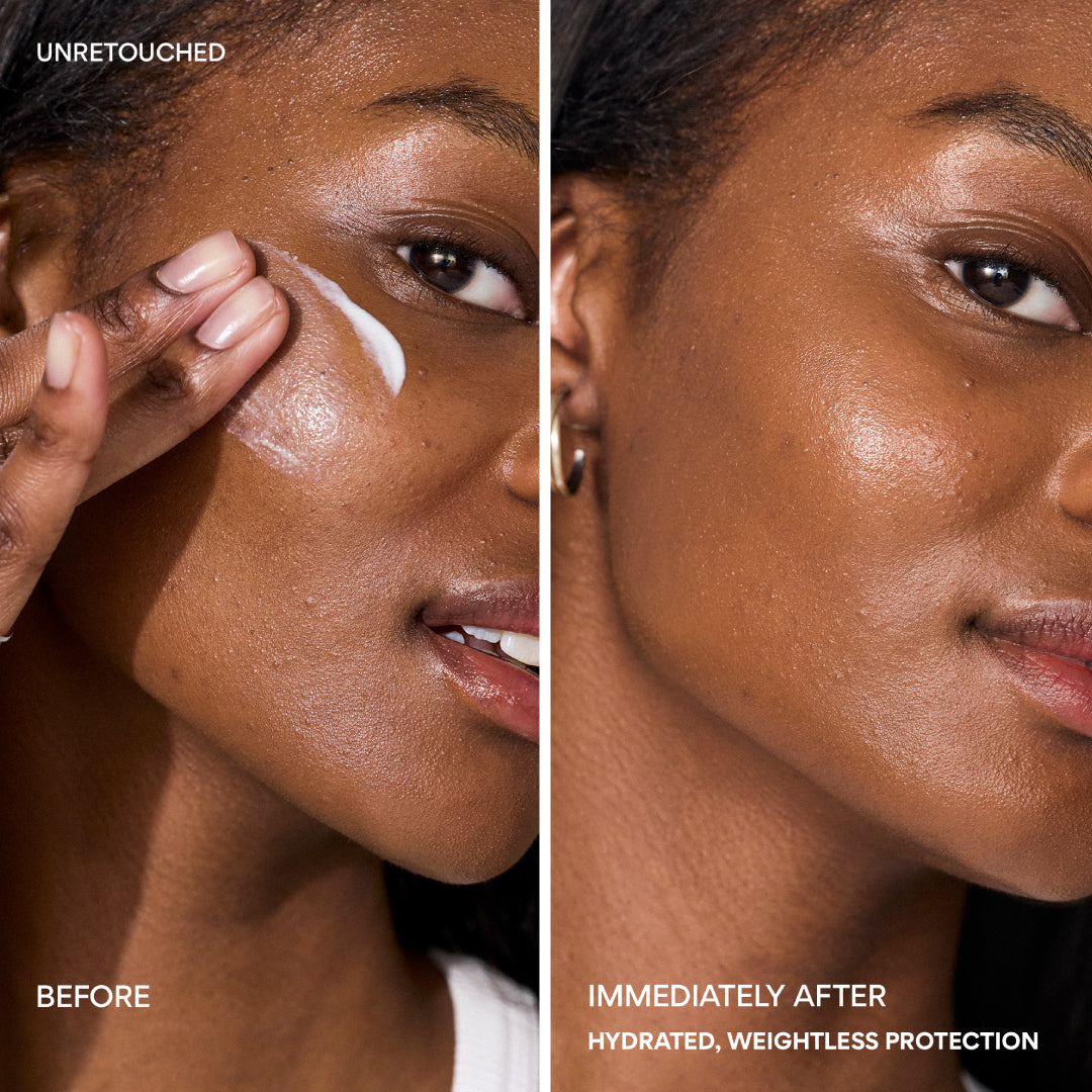 Daily UV Invisible Barrier Sunscreen Serum Broad Spectrum SPF 47 with Green Tea before and immediately after hydrated, weightless protection
