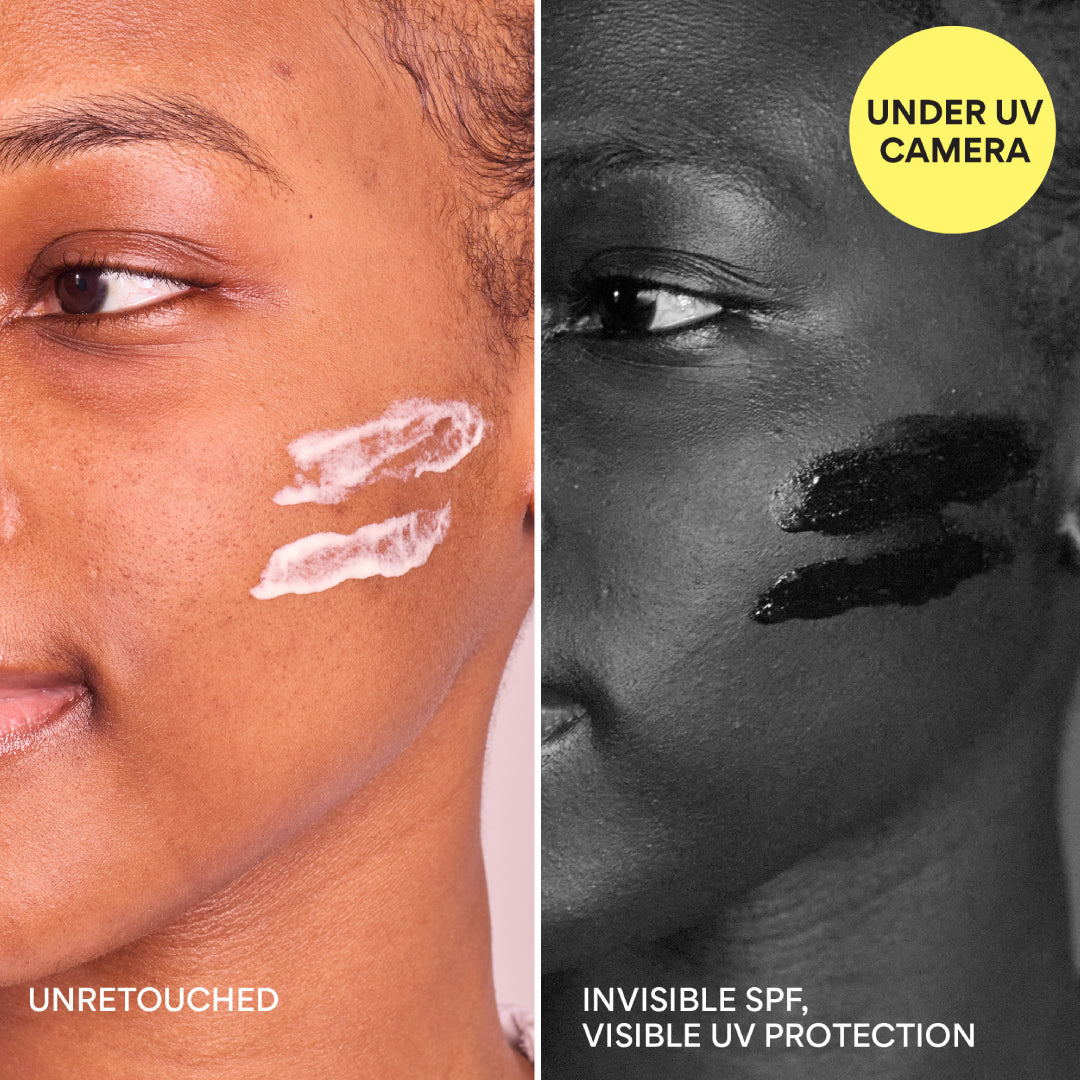 Daily UV Invisible Barrier Sunscreen Serum Broad Spectrum SPF 47 with Green Tea under UV camera: invisible SPF, visible UV protection