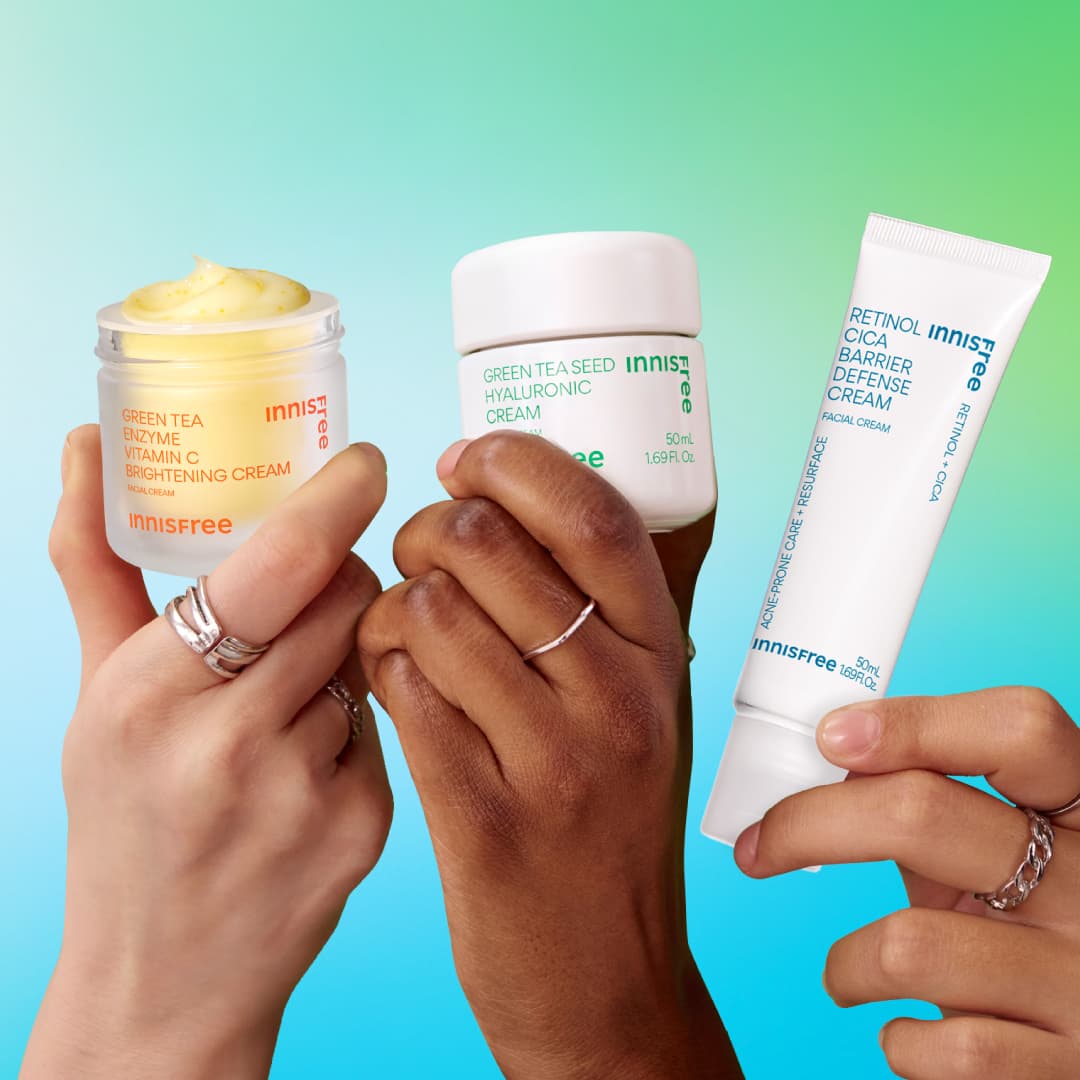 collection of korean moisturizers: vitamin c gel cream, green tea cream, retinol cica defense cream