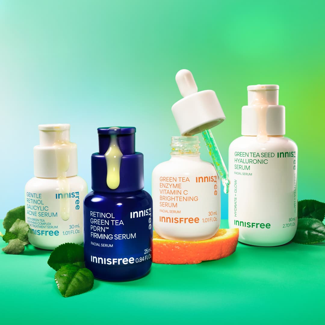 collection of korean skincare: Gentle Retinol Salicylic acne serum, Green Tea™ serum, vitamin c serum, green tea serum