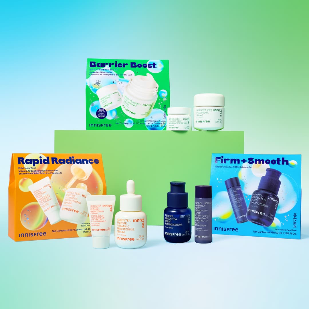 collection of innisfree korean holiday skincare sets (barrier boost, rapid radiance, firm + smooth set)