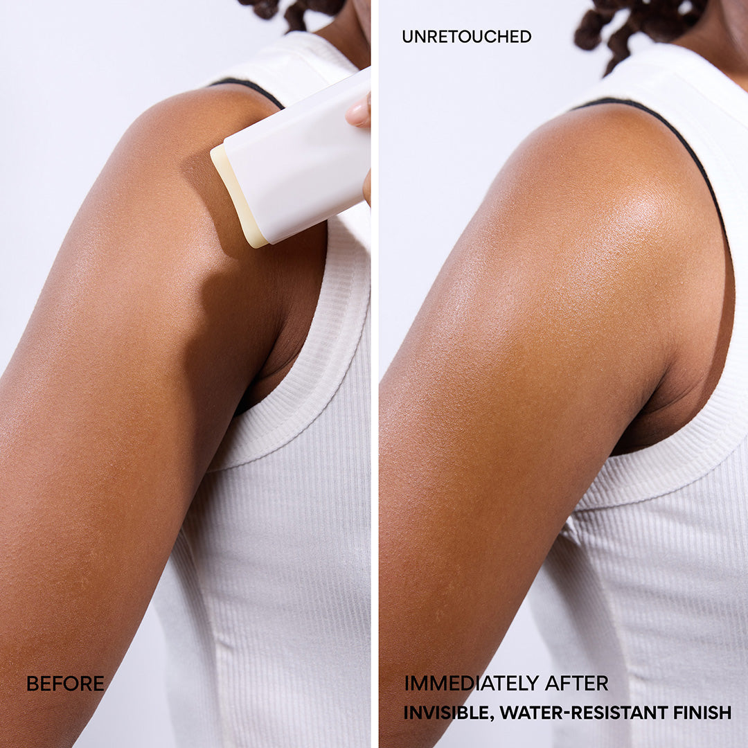 Daily UV Defense Sunscreen Stick SPF 50+ before and immediately after on body