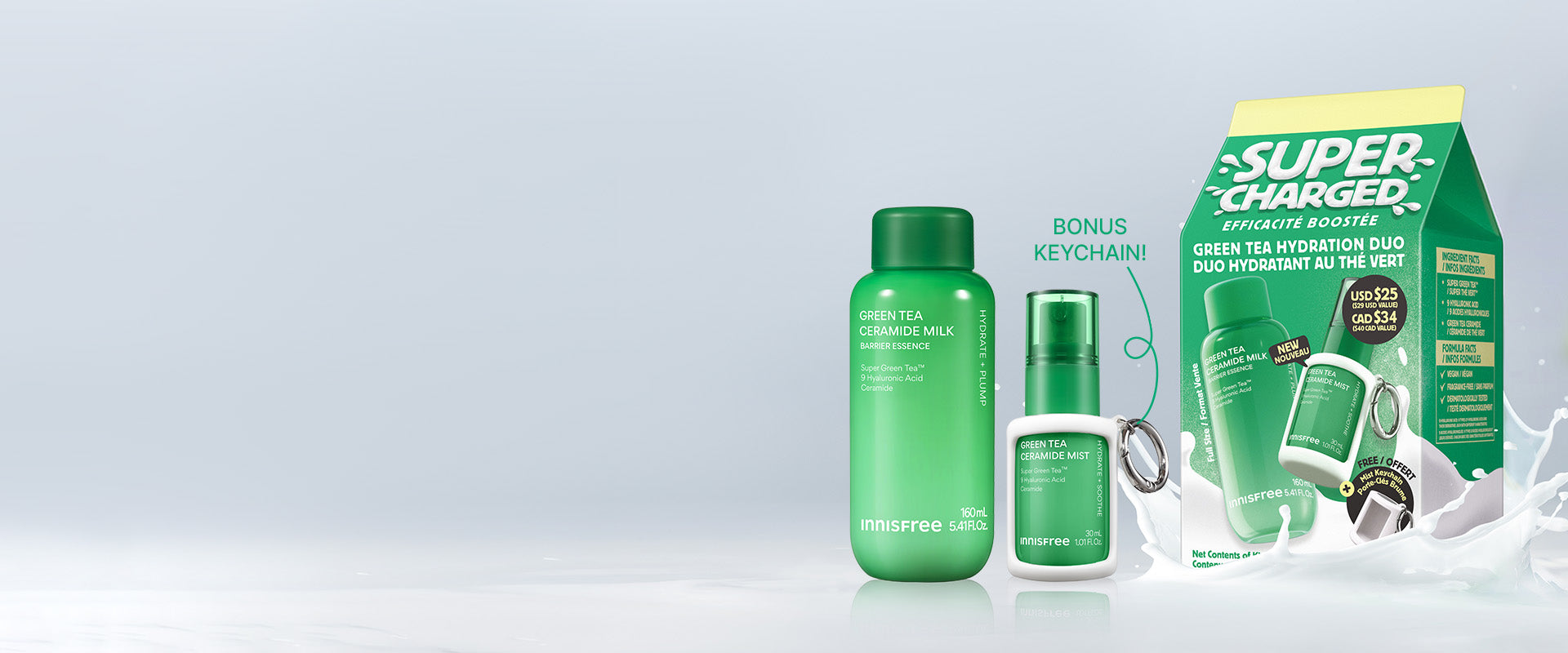 Innisfree Super Charged set, featuring a Green Tea Ceramide Milk, Green Tea Ceramide Mist with a keychain, and the green and yellow product box on a light gray background.