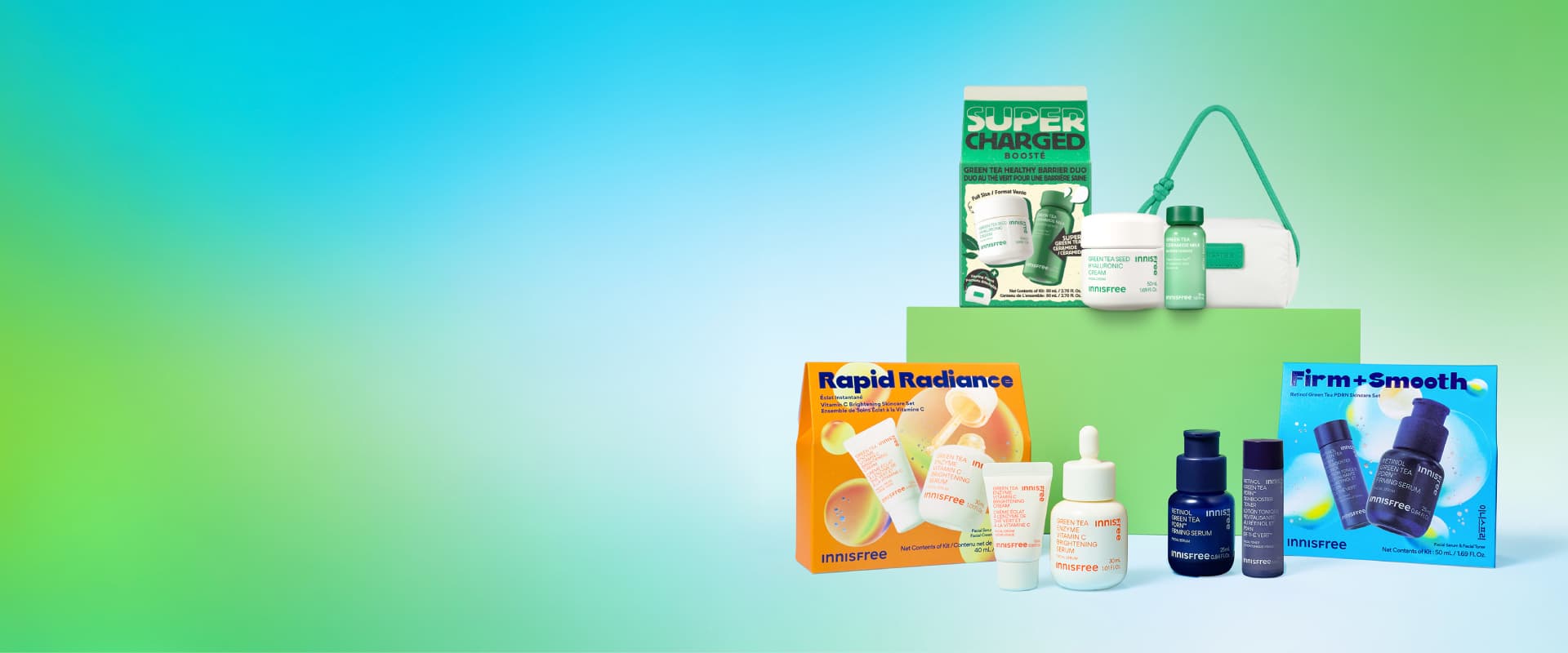 holiday sets ft. super charged green tea healthy barrier duo, rapid radiance, firm + smooth