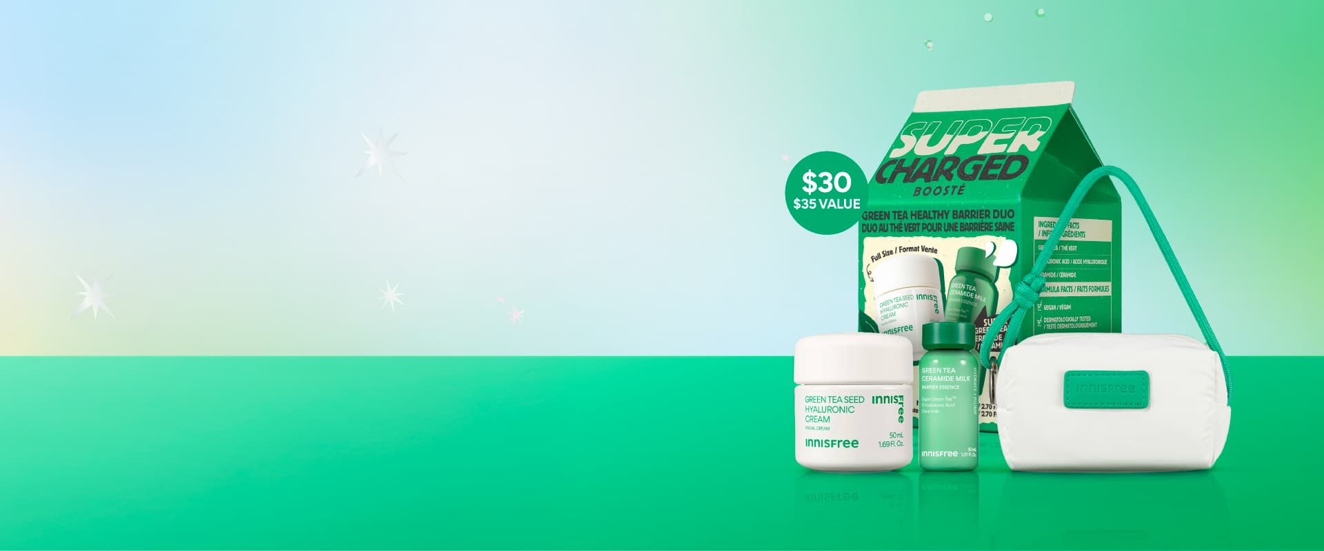 Super Charged Green Tea Healthy Barrier Duo ft. Green Tea Cream 50mL, Green Tea Ceramide Milk 15mL, free keyring pouch