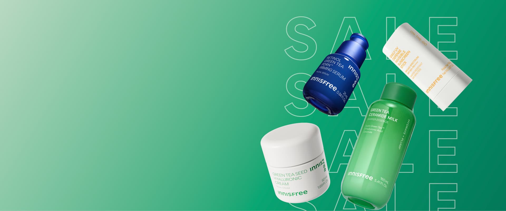sale banner featuring Green Tea Cream, Green Tea PDRN™ Firming Serum, Green Tea Ceramide Milk, Daily UV Sunscreen Stick