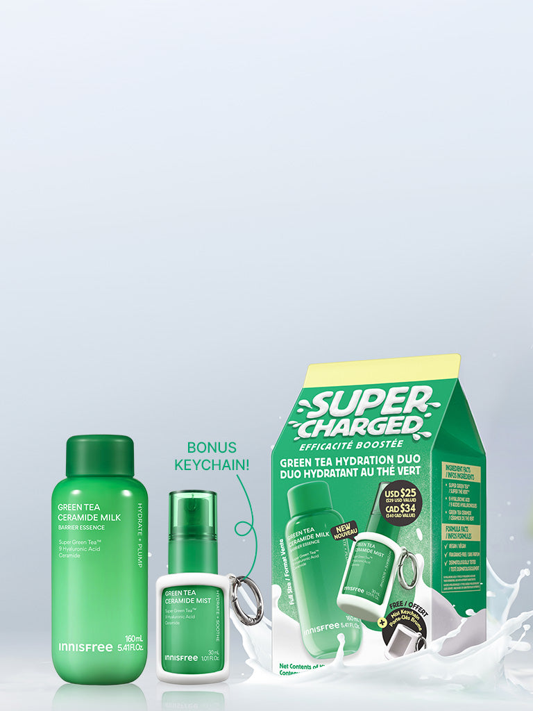Innisfree Super Charged set, featuring a Green Tea Ceramide Milk, Green Tea Ceramide Mist with a keychain, and the green and yellow product box on a light gray background.