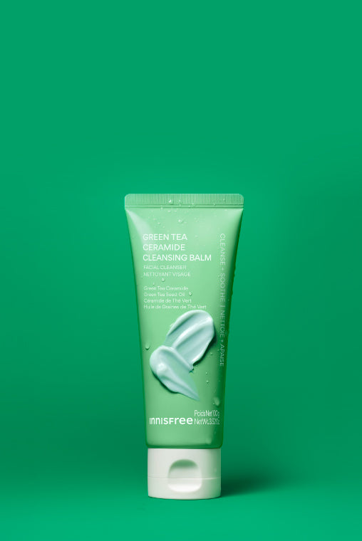 Green Tea Cleansing Balm with texture swatch on green background