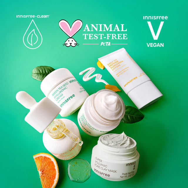 innisfree best selling products with logos featuring innisfree-clean*, animal test-free, innisfree vegan