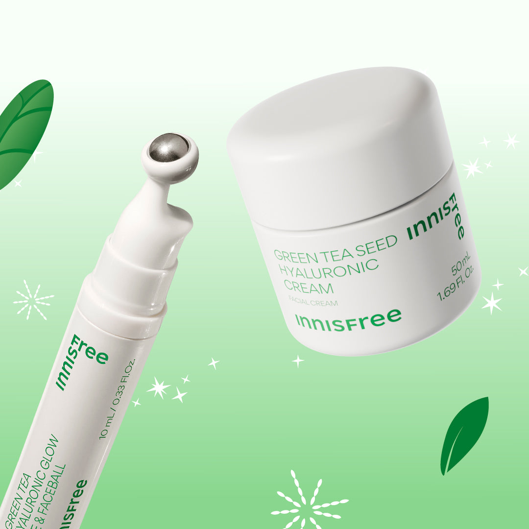 Innisfree Green Tea Seed Hyaluronic Cream and Green Tea Caffeine Eye Serum set against a light green background with leaf and sparkle graphics.