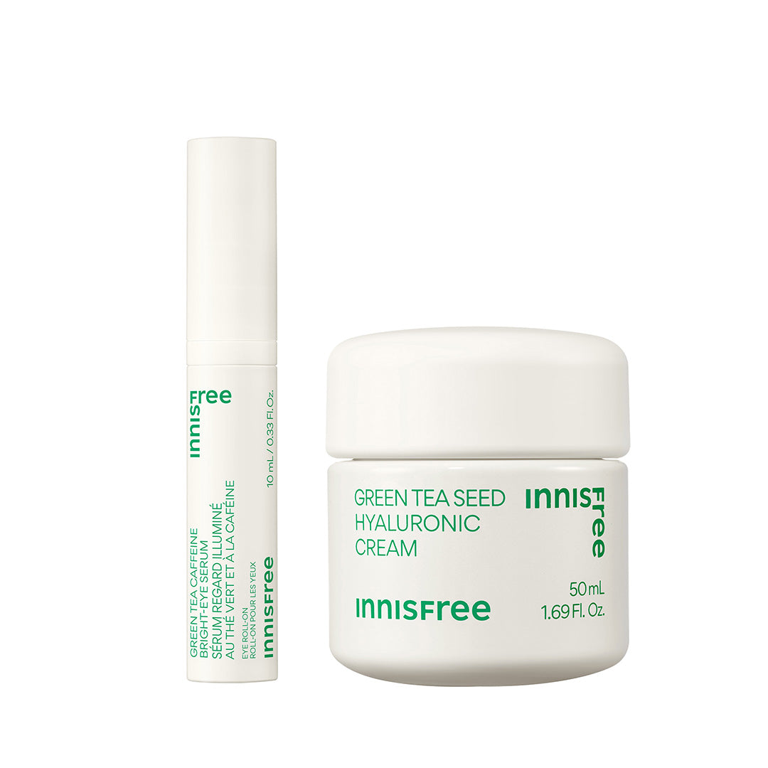 Innisfree Green Tea Seed Cream and Green Tea Caffeine Eye Serum on a white background