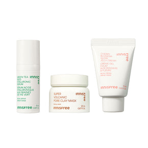 Glow on the Go Trio Includes: Green Tea Serum 10ml, Super Volcanic Clay Mask 20ml, Cherry Blossom Jelly Cream 15ml