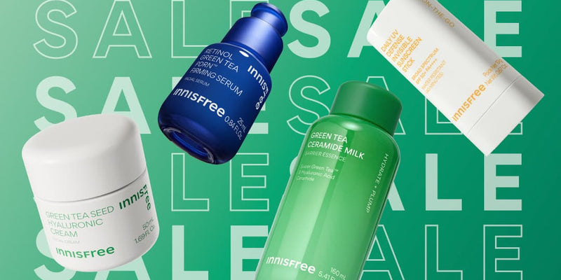 sale banner featuring Green Tea Cream, Green Tea PDRN™ Firming Serum, Green Tea Ceramide Milk, Daily UV Sunscreen Stick