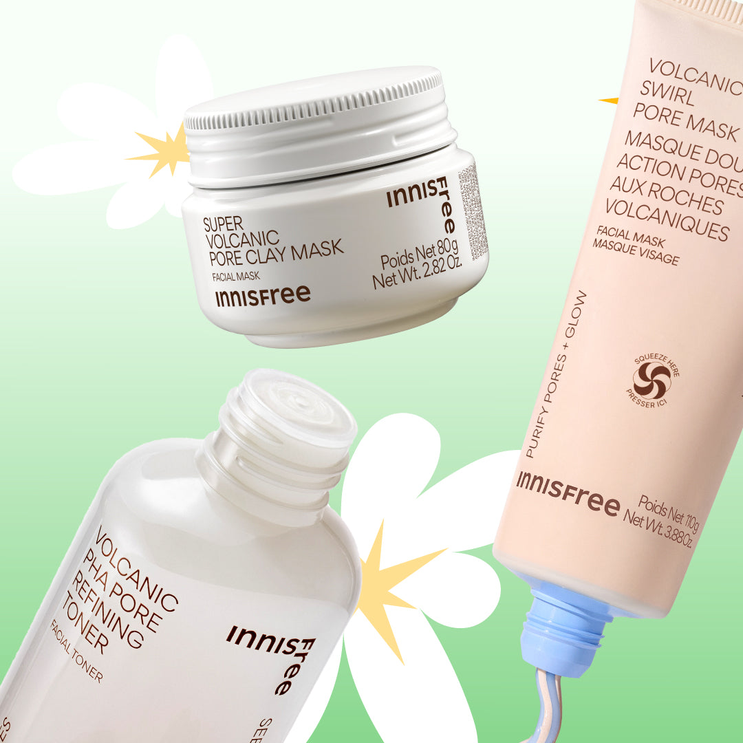 Three Innisfree skincare products arranged on a pale green background with white flower graphics: Super Volcanic Pore Clay Mask, Volcanic Pore Refining Toner, and Volcanic Swirl Pore Mask 