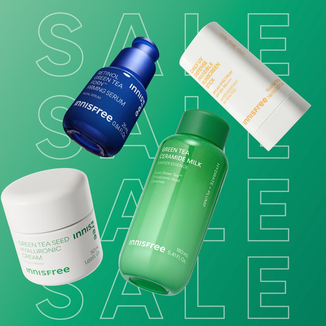 sale banner featuring Green Tea Cream, Green Tea PDRN™ Firming Serum, Green Tea Ceramide Milk, Daily UV Sunscreen Stick