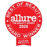 A red circular Allure award badge reading 'Best of Beauty Award Winner 2026' with 'Clean Beauty' on a ribbon below, shown on a white background.