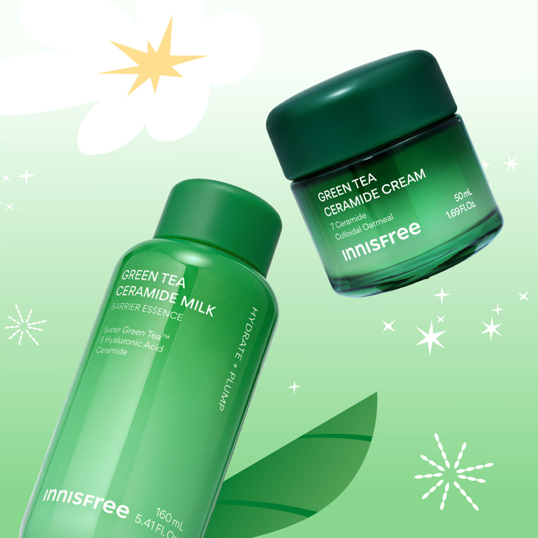 Innisfree Green Tea Ceramide Milk and Green Tea Ceramide Cream shown against a light green background with white flower and star graphics.