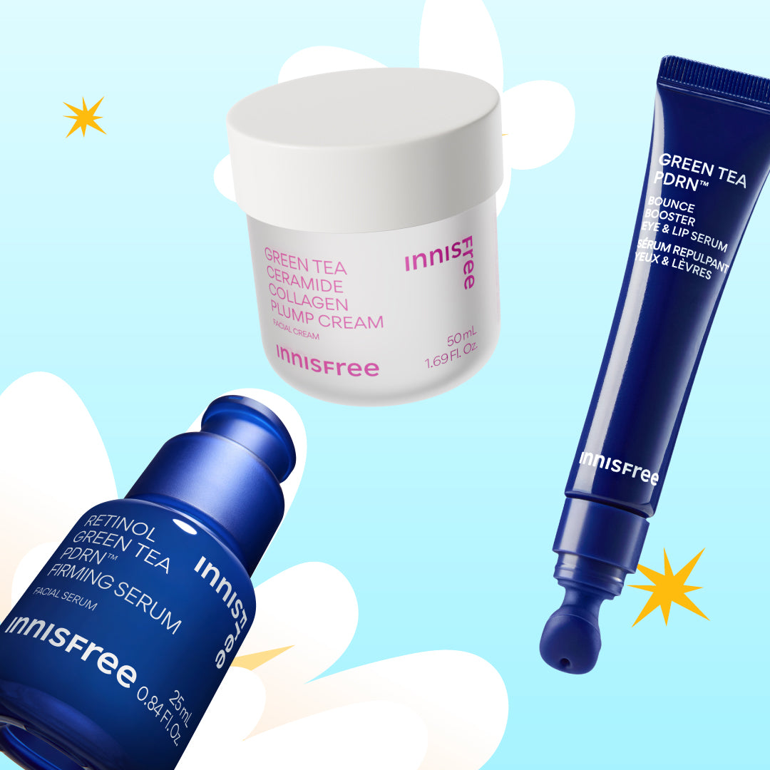 Three Innisfree skincare products arranged on a light blue background with white cloud shapes and yellow star accents: Green Tea Ceramide Plump Cream, Green Tea PDRN™ Serum, and Green Tea PDRN™ Eye & Lip Serum