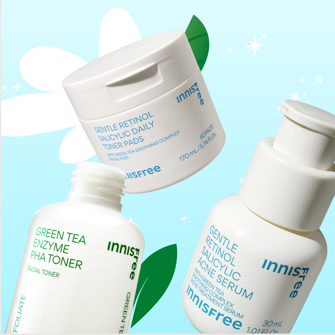 Three Innisfree skincare products arranged on a light blue background with white floral and green leaf graphics: Gentle Retinol Salicylic Toner Pads, Green Tea Enzyme PHA Toner, and  Gentle Retinol Salicylic Acid Serum.