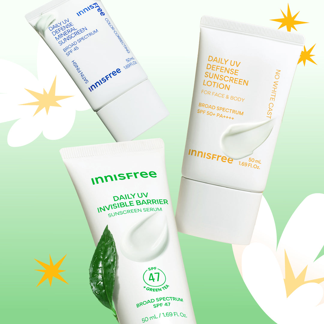 Three Innisfree sunscreen products arranged on a pale green background with white flower and yellow star graphics: Daily UV Sunscreen SPF 50+, Daily UV Mineral Sunscreen SPF 45, and a Green Tea Sunscreen Serum SPF 47 with a green leaf graphic.