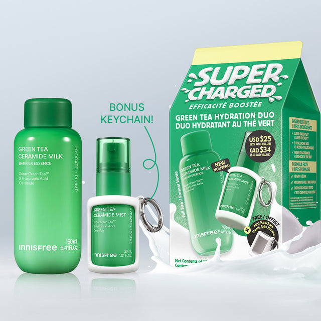 Innisfree Super Charged set, featuring a Green Tea Ceramide Milk, Green Tea Ceramide Mist with a keychain, and the green and yellow product box on a light gray background.