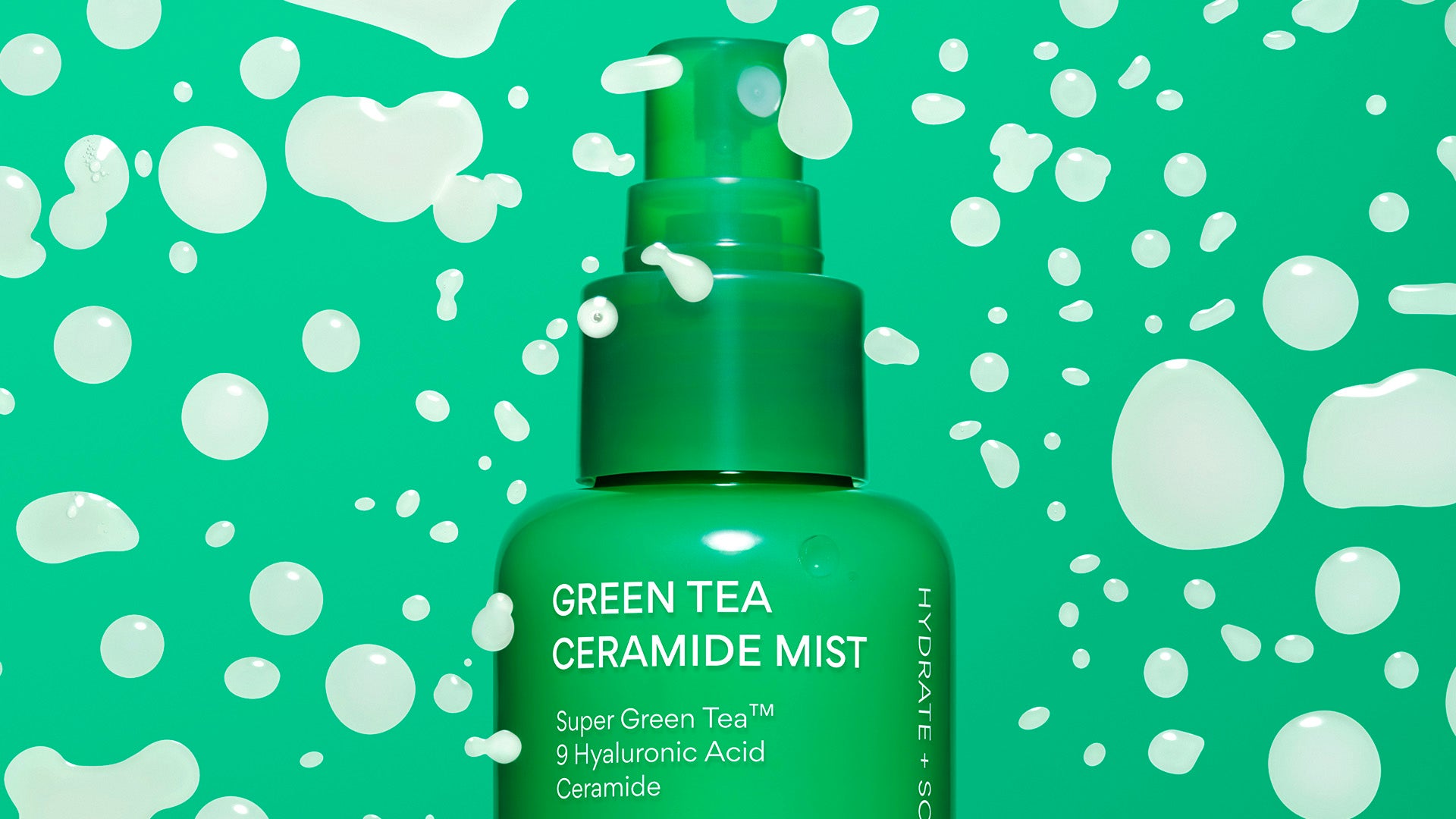 Green Tea Ceramide Mist with texture spots on a green background