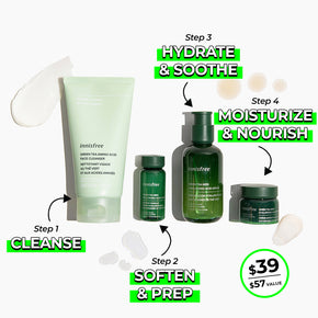 Hydration Heroes with Green Tea Set benefits: Step 1 Cleanse, Step 2, Soften & Prep, Step 3 Hydrate & Soothe, Step 4 Moisturize & Nourish