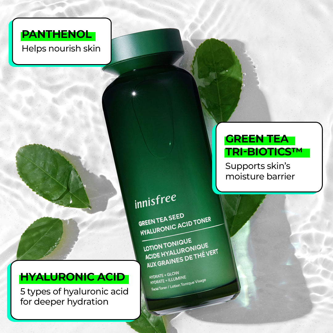 Green Tea Hyaluronic Acid Toner Ingredients: Panthenol, Green Tea tri-Biotics, Hyaluronic Acid